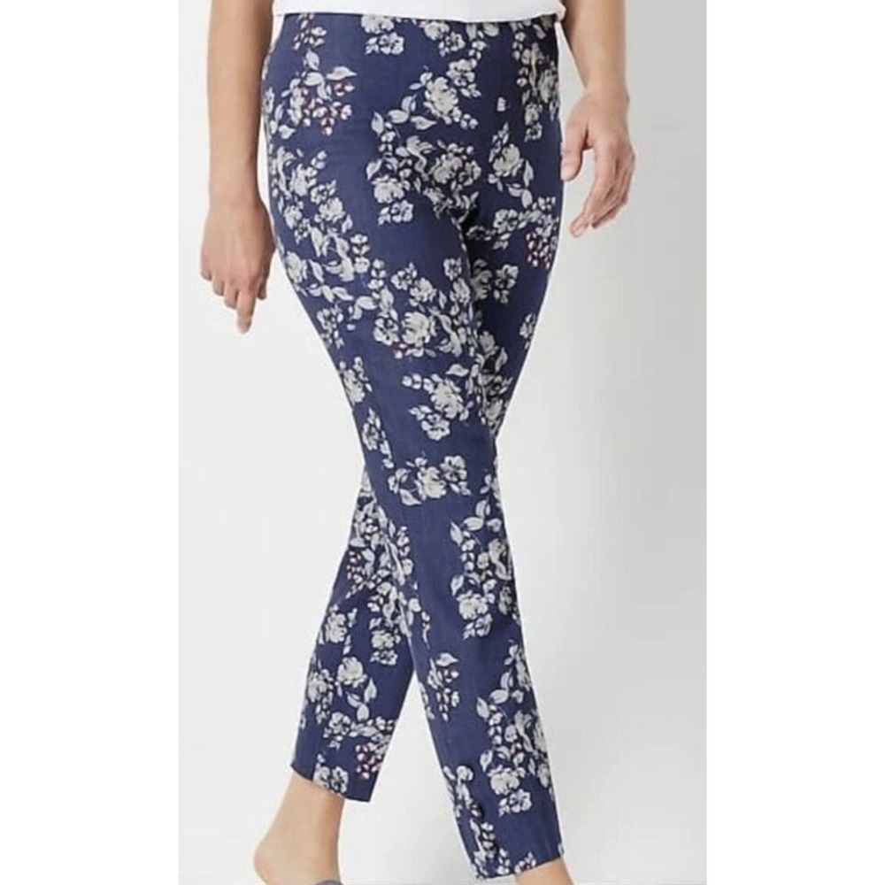 J.Jill Linen Stretch Floral Ankle Pants Navy Blue Large Coastal Cottagecore